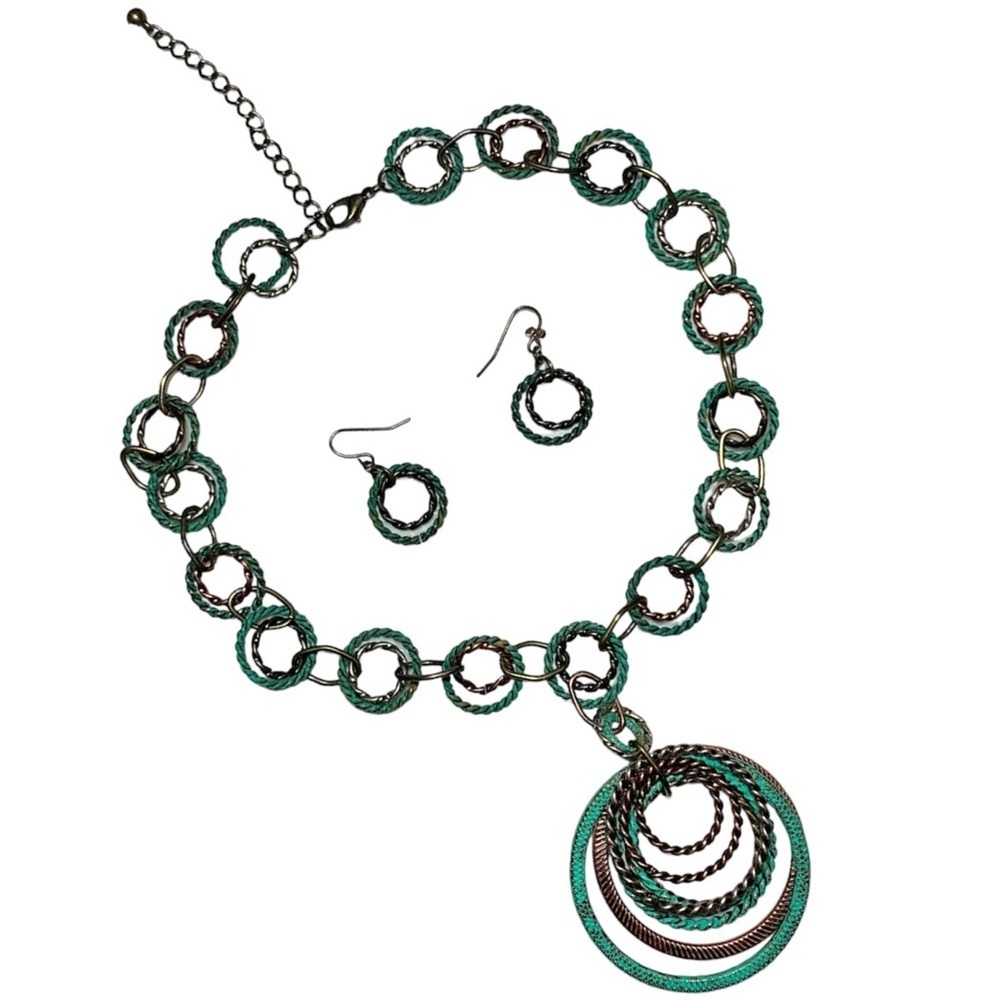 🎒BTS SALE📚 Patina Green Boho Layered Wrap Circle Charm Necklace & Earrings, [2 p - Picture 3 of 7